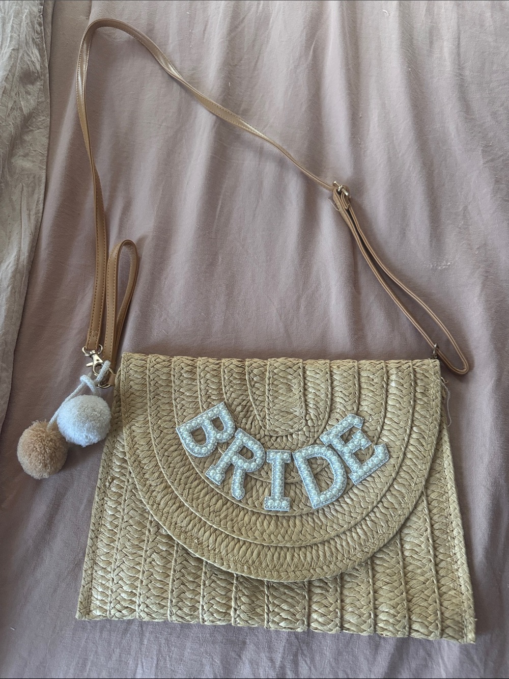 Bride Embellished Straw Crossbody Bag - Natural